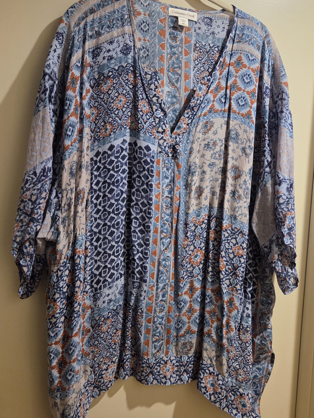 Coldwater Creek Women's Boho Blue & Rust Patterned V-Neck Fall Transition 3X